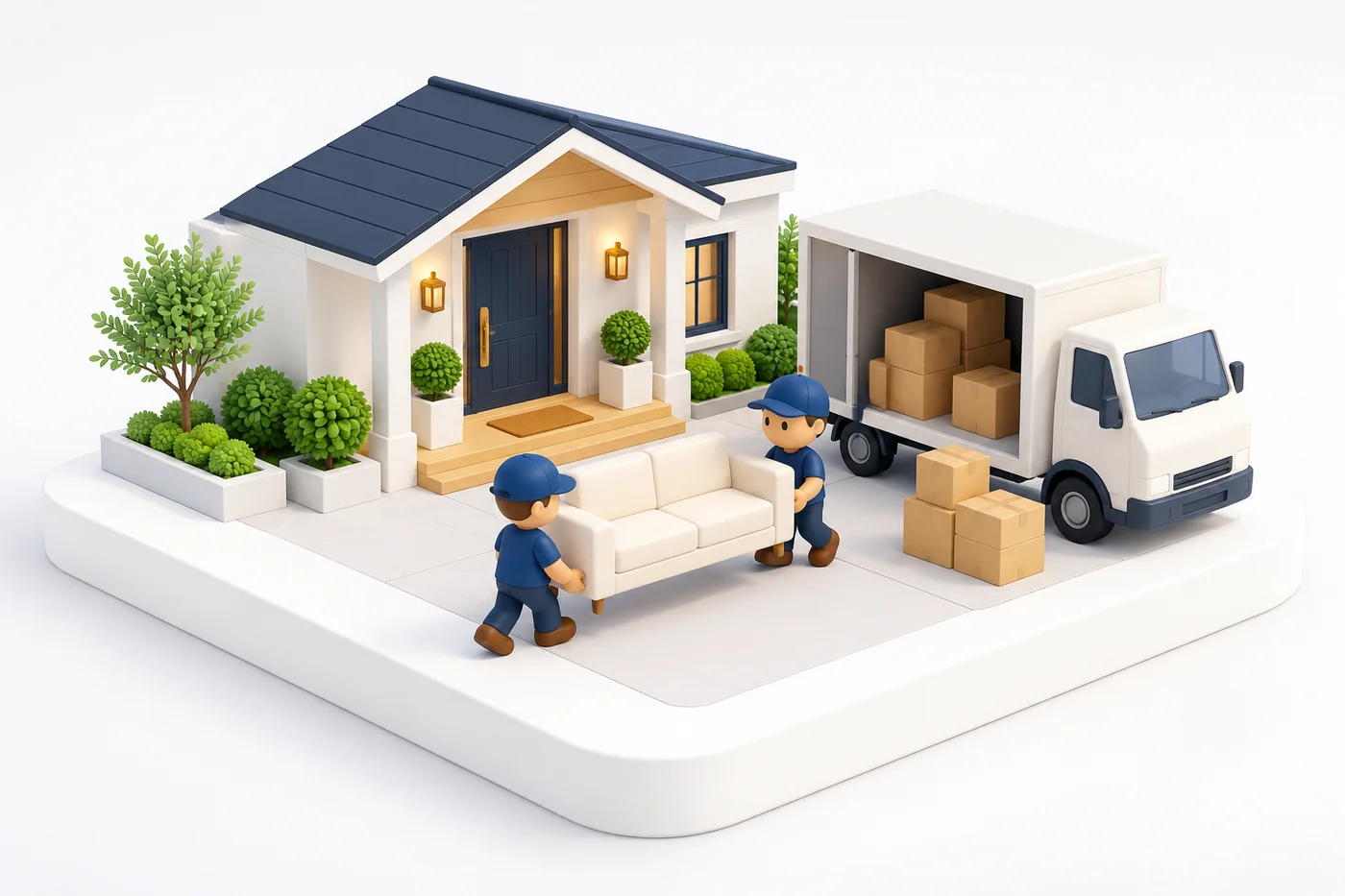 Miniature clay-style scene of toy movers carrying a sofa beside a home and small box truck.